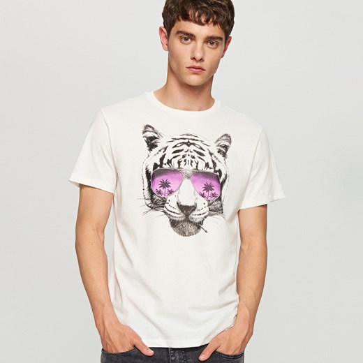 Reserved - T-shirt ze zwierzęcym nadrukiem - Kremowy  Reserved L 