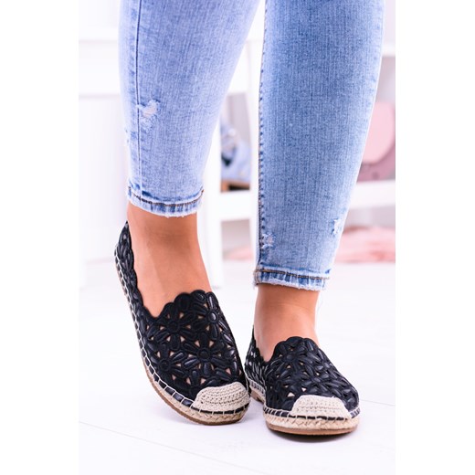 Lu Boo Damskie Baleriny Czarne Espadryle w Kwiaty Macarena 37 BUTOSKLEP.PL