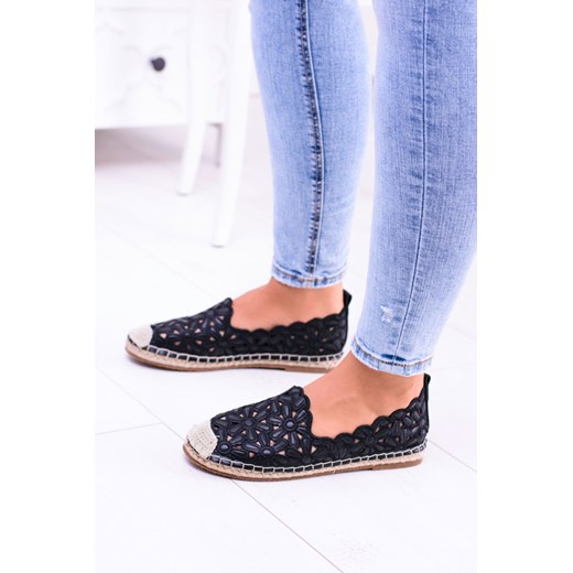 Lu Boo Damskie Baleriny Czarne Espadryle w Kwiaty Macarena 37 BUTOSKLEP.PL