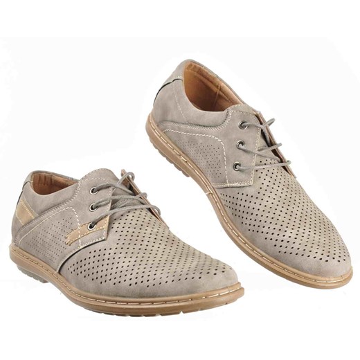 Sznurowane męskie pantofle z ażurowej skóry SZARE /B1-3 2041 S427/ Cabin  40 pantofelek24.pl