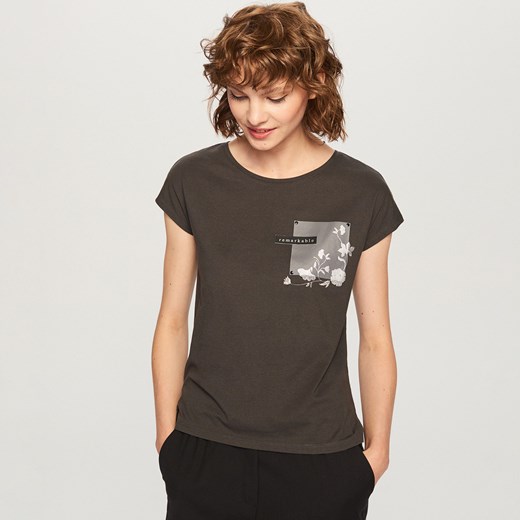 Reserved - T-shirt z ozdobną kieszonką - Szary  Reserved XL 