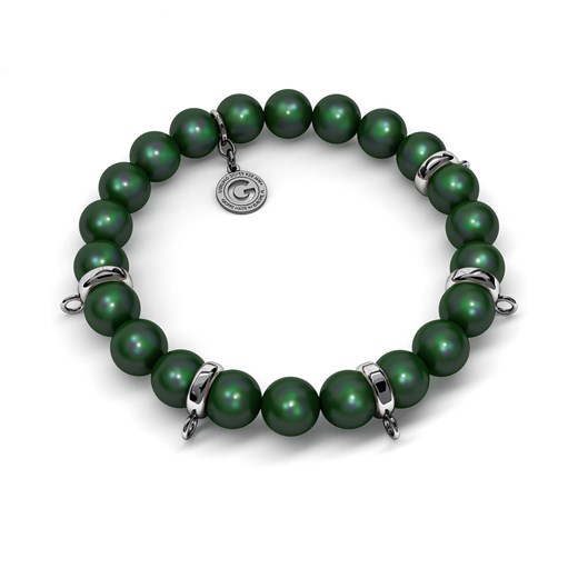 Elastyczna srebrna bransoletka perły swarovski 925 : Kolor pokrycia srebra - Pokrycie Czarnym Rodem, Obwód - ~18,0 cm (dodatkowe 2 perły), Perła - SWAROVSKI SCARABAEUS GREEN