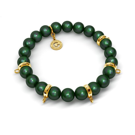 Elastyczna srebrna bransoletka perły swarovski 925 : Kolor pokrycia srebra - Pokrycie Żółtym 18K Złotem, Obwód - ~18,0 cm (dodatkowe 2 perły), Perła - SWAROVSKI SCARABAEUS GREEN