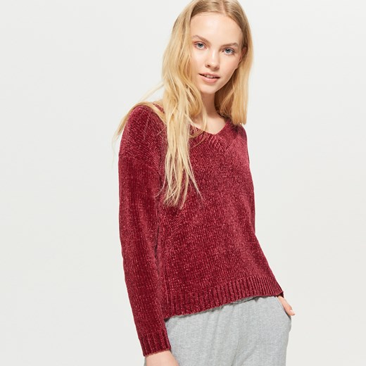 Cropp - Szenilowy sweter z dekoltem - Bordowy  Cropp S 