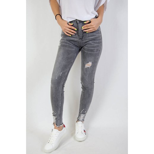 Jasnoszare spodnie jeansowe z przetarciami oraz koralikami   XL olika.com.pl