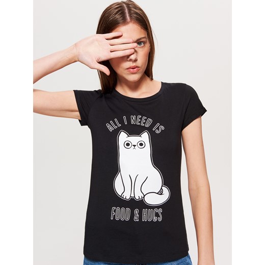 Cropp - Koszulka z kotem - Czarny Cropp  S 