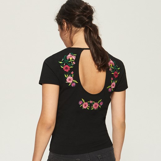 Sinsay - T-shirt z haftowanymi kwiatami - Czarny  Sinsay XL 