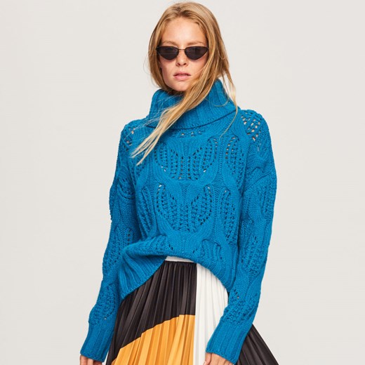 Reserved - Sweter z ażurowym wzorem - Turkusowy niebieski Reserved M 