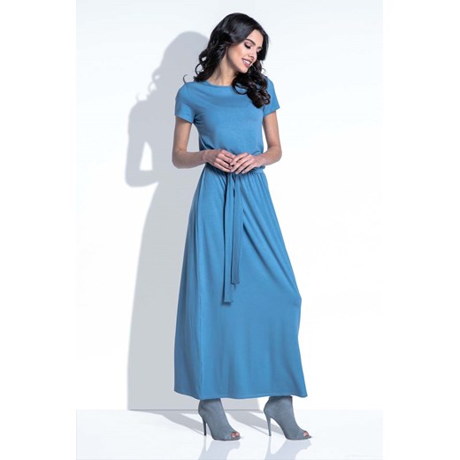 Niebieska Sukienka Maxi z Wiązanym Paskiem