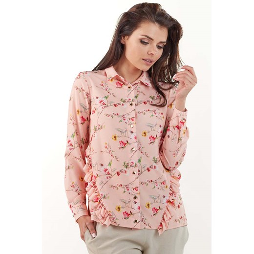 Różowa Koszulowa Bluzka w Drobne Kwiatki z Falbankami  Infinite You XL MOLLY.PL