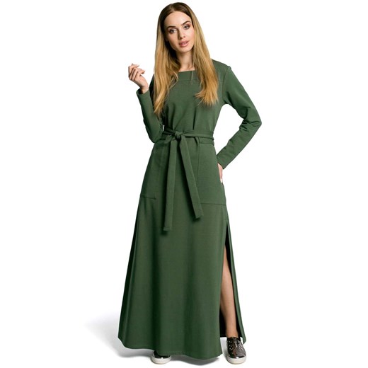 Zielona Sukienka Dresowa Maxi z Dekoltem Caro z Rozcięciem