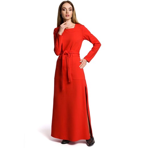 Czerwona Sukienka Dresowa Maxi z Dekoltem Caro z Rozcięciem