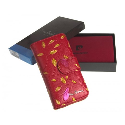 Modny damski portfel skórzany czerwony w liście Pierre Cardin 04 PLANT 116