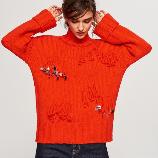 Reserved - Sweter z frędzlami i cekinami - Pomarańczo Reserved  L 