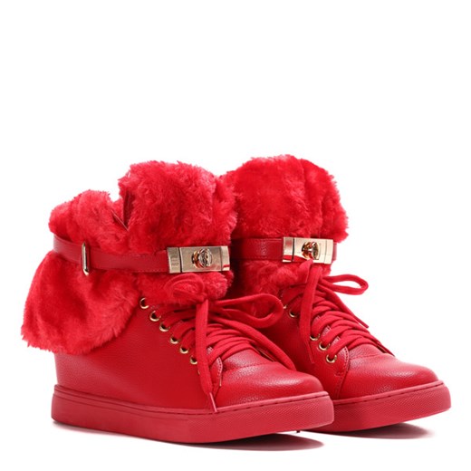 Sneakersy damskie czerwone Royalfashion.pl sznurowane ze skóry ekologicznej na koturnie gładkie 