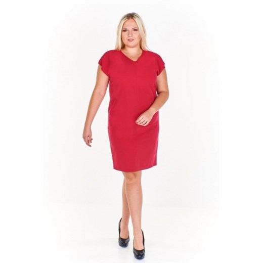 Sukienka Fokus czerwona midi z dekoltem w literę v elegancka z krótkim rękawem bez wzorów dzienna 