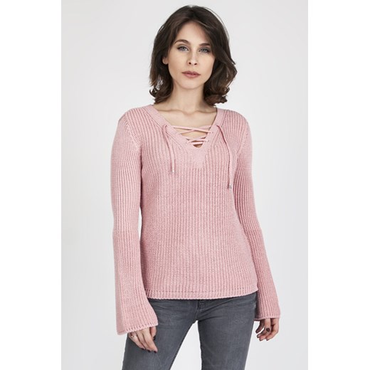 CM3082 Oryginalny sweter w stylu boho - pudrowy róż