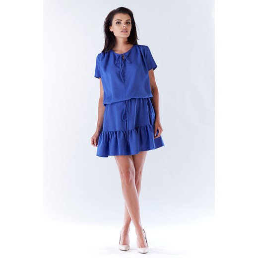 CM3209 Kobieca sukienka z wiązaniem w pasie - niebieska