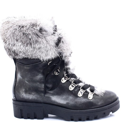 Workery damskie Ulmani Shoes na zimę srebrne sznurowane skórzane na płaskiej podeszwie 