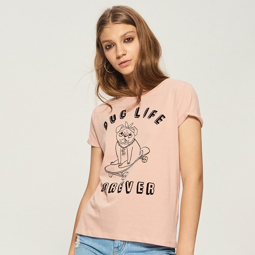 Sinsay - T-shirt Pug Life Forever - Różowy