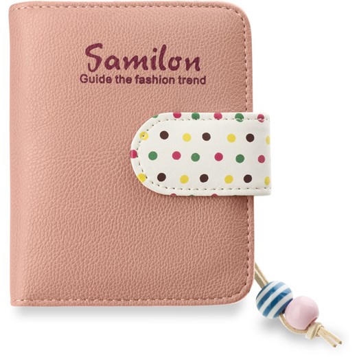 Mały portfel damski portmometka skóra kolory grochy - różowy
