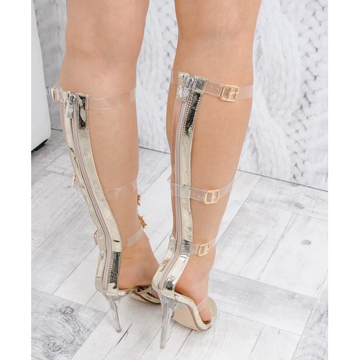 Sandały damskie eleganckie z aplikacjami  na lato z klamrą na średnim obcasie 