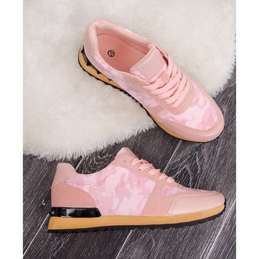 Buty sportowe damskie różowe wiązane na płaskiej podeszwie bez wzorów 
