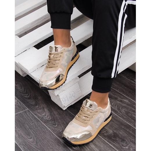 Sneakersy damskie złote sportowe sznurowane na lato bez wzorów na płaskiej podeszwie 
