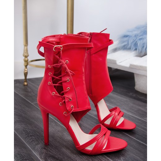 Sandały damskie czerwone gładkie na szpilce na zamek na lato eleganckie 