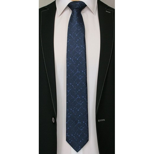 Ciemnogranatowy Elegancki Krawat -Angelo di Monti- 7 cm, Męski, Melanż, w Niebieską Przetartą Kratkę KRADM1445 Angelo Di Monti   JegoSzafa.pl