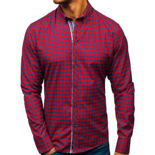 Koszula męska w kratę z długim rękawem czerwona Bolf 8833  Denley XL 