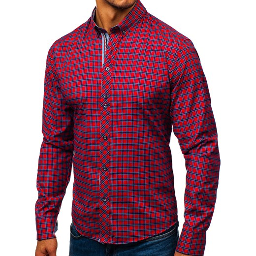 Koszula męska w kratę z długim rękawem czerwona Bolf 8833 Denley  L 