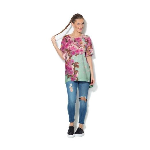 Wielokolorowa bluzka damska Colour Pleasure z okrągłym dekoltem z dzianiny z krótkim rękawem casual w kwiaty wiosenna 