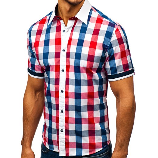 Koszula męska elegancka w kratę z krótkim rękawem czerwona Bolf 8901 Denley  L 