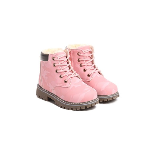 Buty zimowe dziecięce Born2be wiązane różowe ze skóry ekologicznej trapery 