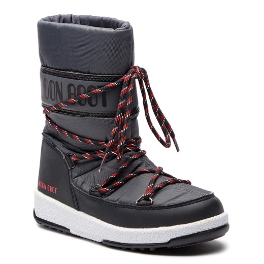 Buty zimowe dziecięce granatowe Moon Boot z polaru śniegowce sznurowane z napisami 