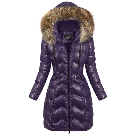Elegrina kurtka damska długa fioletowa z poliestru na zimę z kapturem casual 