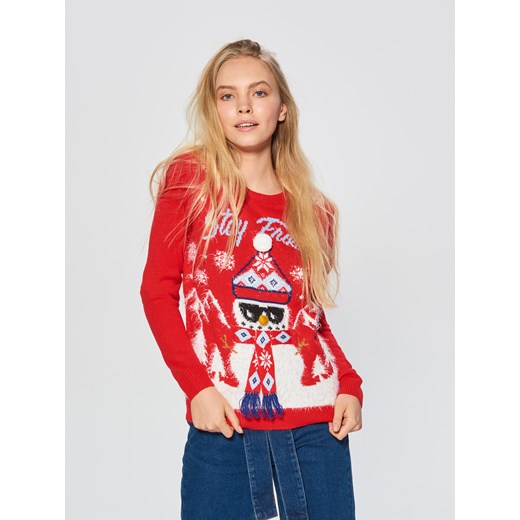 Sweter damski Cropp czerwony w bożonarodzeniowe wzory 