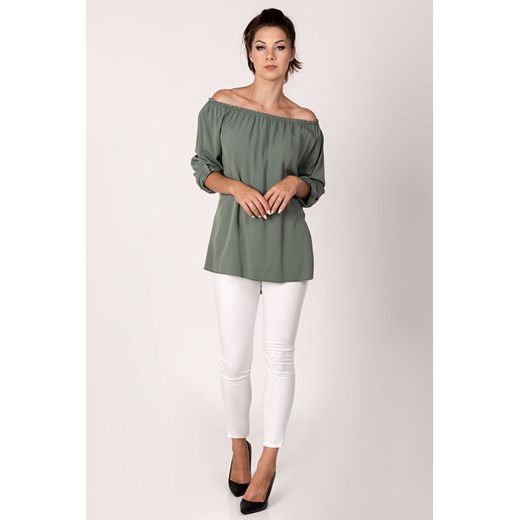 Zielona bluzka damska Avaro bez wzorów z długim rękawem z dekoltem typu hiszpanka 
