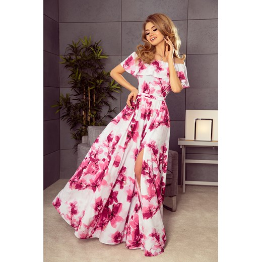 Unicato - butik dla nowoczesnych Kobiet 194-2 Długa suknia z hiszpańskim dekoltem - duże różowe kwiaty, Rozmiar: XS   XL Unicato