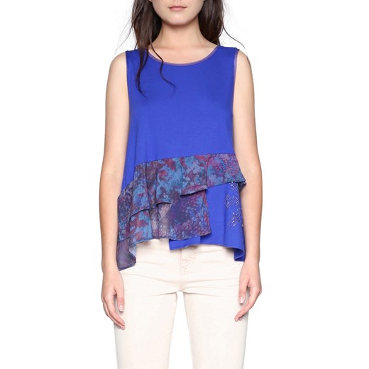 Fioletowa bluzka damska Desigual w abstrakcyjnym wzorze bez rękawów z okrągłym dekoltem 