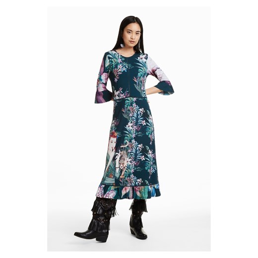 Sukienka Desigual midi z okrągłym dekoltem z długimi rękawami 