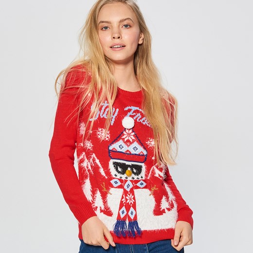 Sweter damski Cropp czerwony w bożonarodzeniowe wzory 