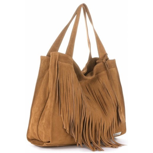 Shopper bag Vittoria Gotti brązowa z frędzlami boho 