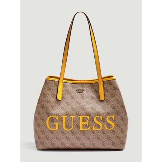 Shopper bag Guess brązowa matowa bez dodatków z bawełny 