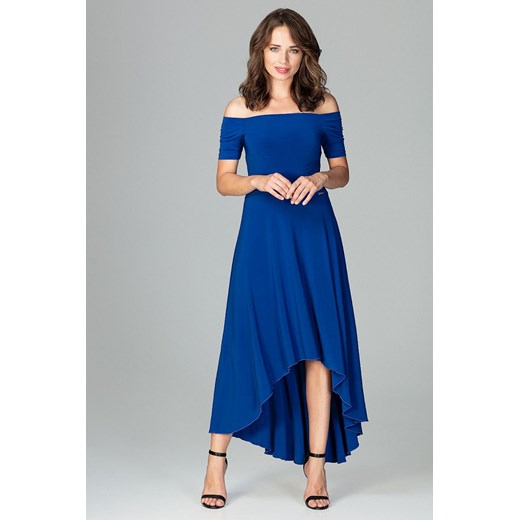 Sukienka z dekoltem typu hiszpanka niebieska z krótkim rękawem maxi 