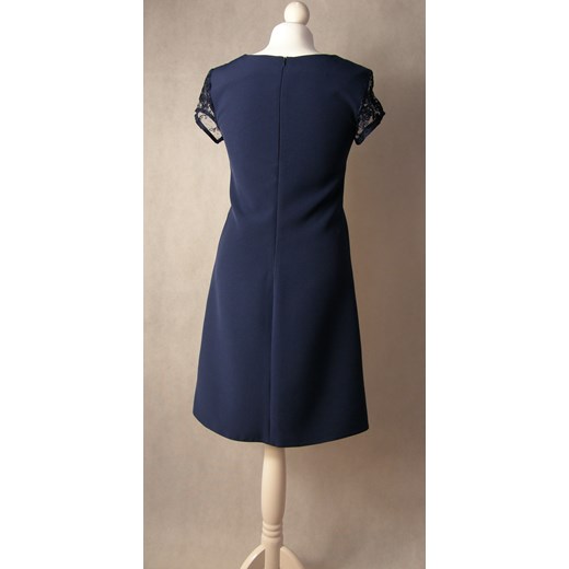 Niebieska sukienka Koan z koronką elegancka z elastanu na urodziny z krótkimi rękawami 
