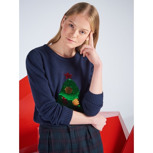 Cropp - Świąteczny sweter z cekinową aplikacją - Granatowy rozowy Cropp M 