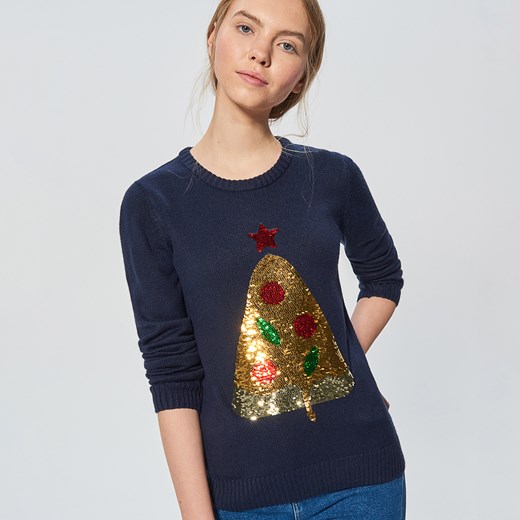 Cropp - Świąteczny sweter z cekinową aplikacją - Granatowy Cropp czarny S 