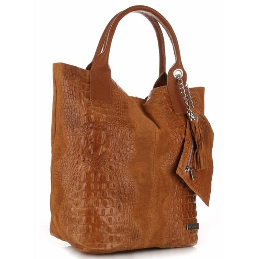 Shopper bag Genuine Leather boho z breloczkiem duża skórzana 